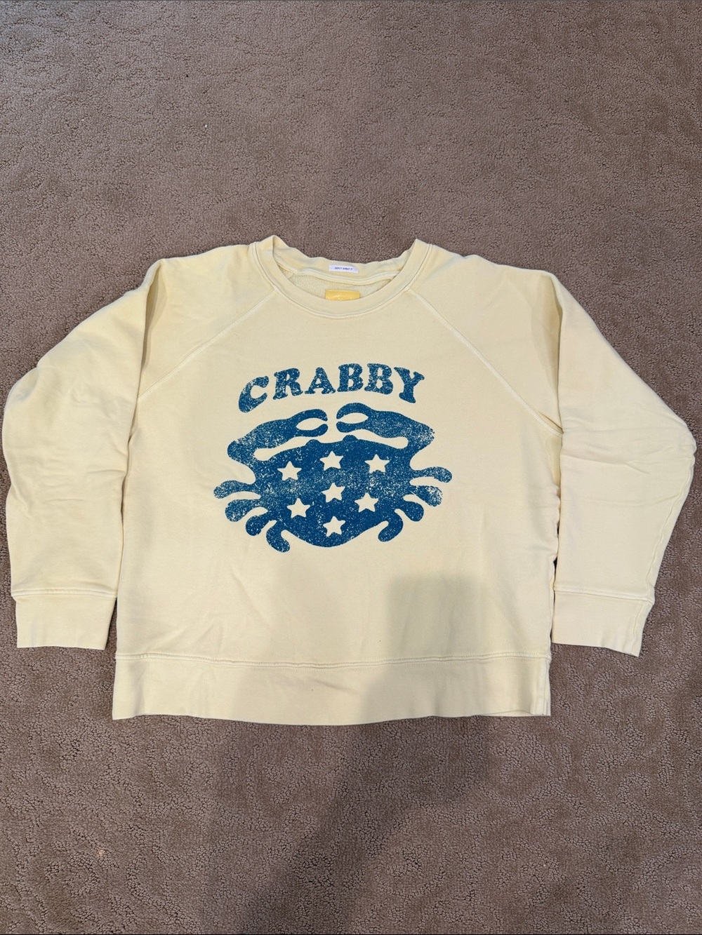 MOTHER Yellow Crewneck Sweatshirt with Blue 'CRABBY' Graphic